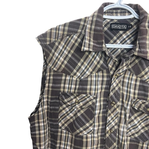 DAKOTA Plus Size Sleeveless Shirt‎ Men Plaid Brown Cowboy Tank Top Country Style - Picture 5 of 9